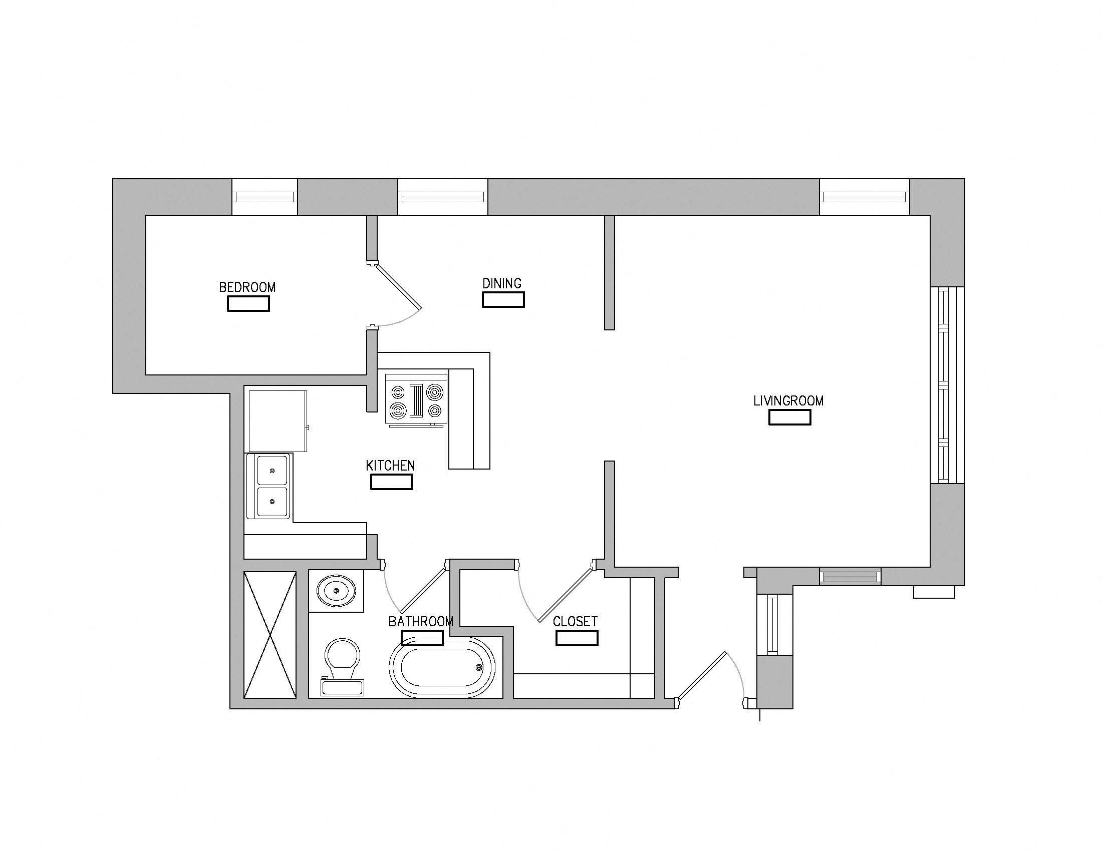 Floor plan for 1 bed, 1 bath, 680 sqft